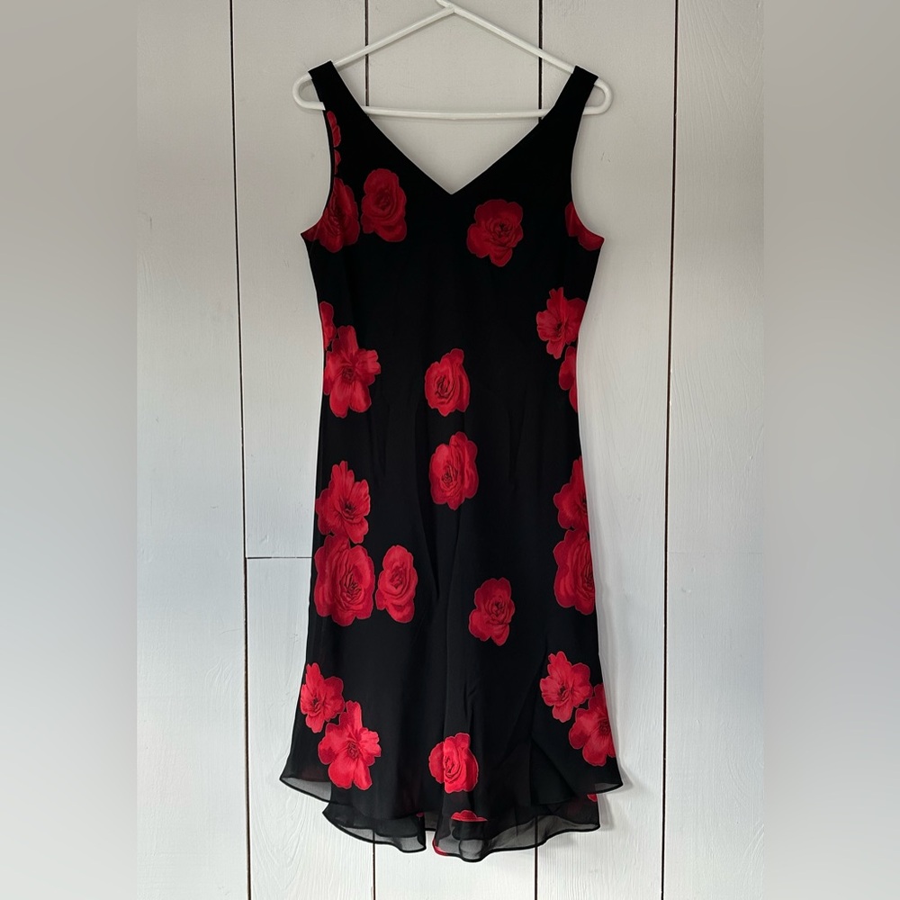 VTG 90s Double Layer Sleeveless Dress Black Red Roses Fairy Vamp Romantic